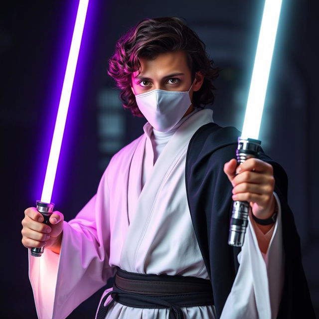 A full-body image of a young man wearing traditional white Jedi clothes complemented by a dramatic black cape