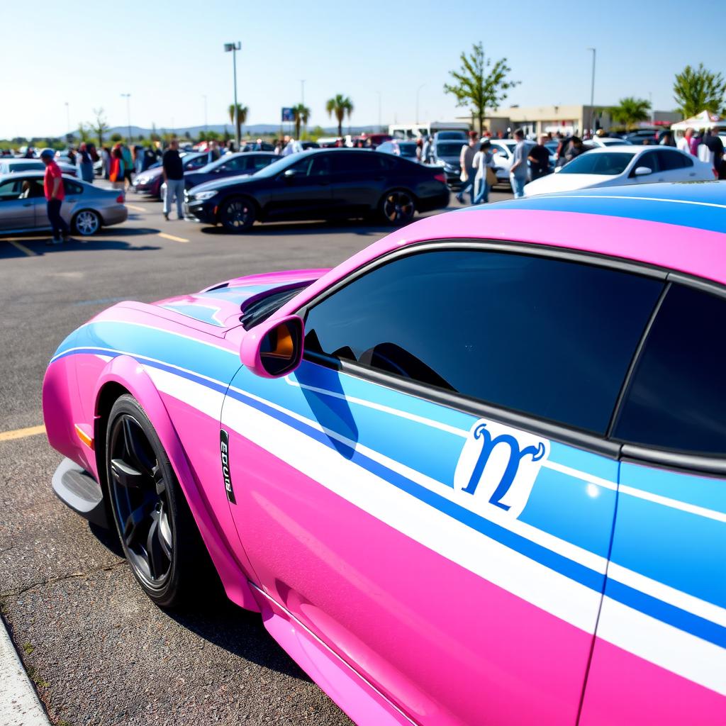 A pink, white, and blue Hellcat sports car parked in a realistic parking lot, featuring a Cancer zodiac sign sticker on its side