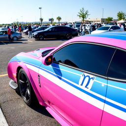 A pink, white, and blue Hellcat sports car parked in a realistic parking lot, featuring a Cancer zodiac sign sticker on its side