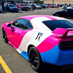 A pink, white, and blue Hellcat sports car parked in a realistic parking lot, featuring a Cancer zodiac sign sticker on its side