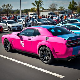 A pink, white, and blue Hellcat sports car parked in a realistic parking lot, featuring a Cancer zodiac sign sticker on its side