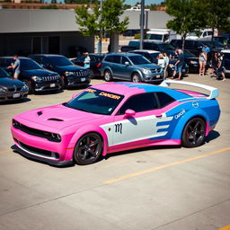 A pink, white, and blue Hellcat sports car parked in a realistic parking lot, featuring a Cancer zodiac sign sticker on its side