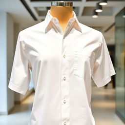 A stylish white shirt with a single pocket and short sleeves, draped on a mannequin in a well-lit room