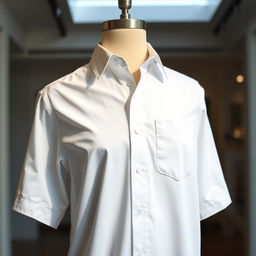 A stylish white shirt with a single pocket and short sleeves, draped on a mannequin in a well-lit room