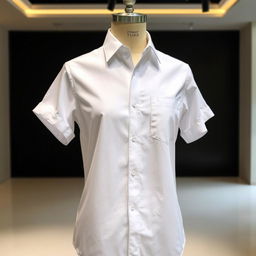 A stylish white shirt with a single pocket and short sleeves, draped on a mannequin in a well-lit room