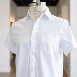 A stylish white shirt with a single pocket and short sleeves, draped on a mannequin in a well-lit room