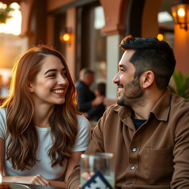 Ana, a young woman with light blush on her cheeks, and Carlos, a charming man with a bright smile, engaged in a lively conversation