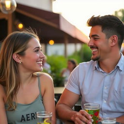 Ana, a young woman with light blush on her cheeks, and Carlos, a charming man with a bright smile, engaged in a lively conversation