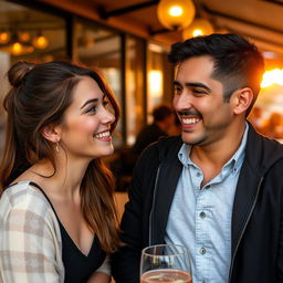 Ana, a young woman with light blush on her cheeks, and Carlos, a charming man with a bright smile, engaged in a lively conversation