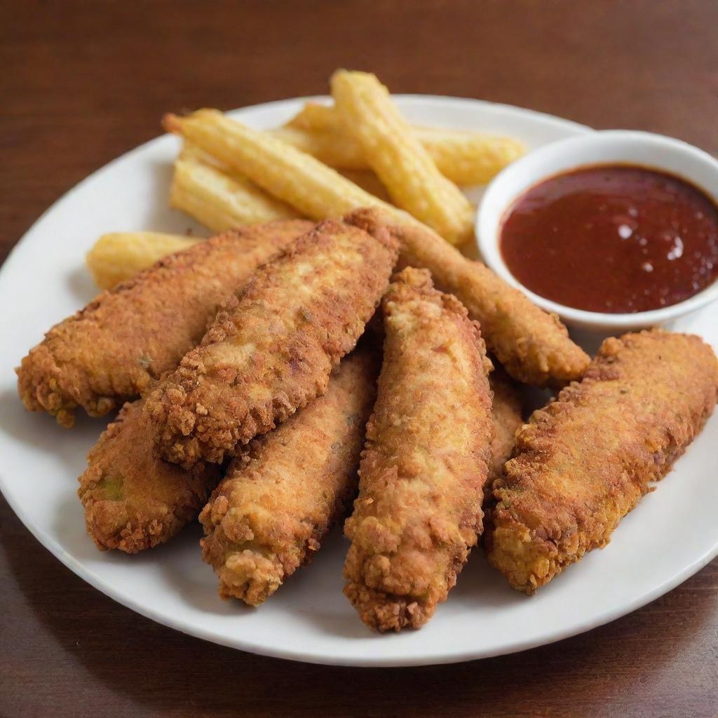 Spicy chicken tenders, lightly breaded and fried to a golden brown, served with a spicy dipping sauce on the side.