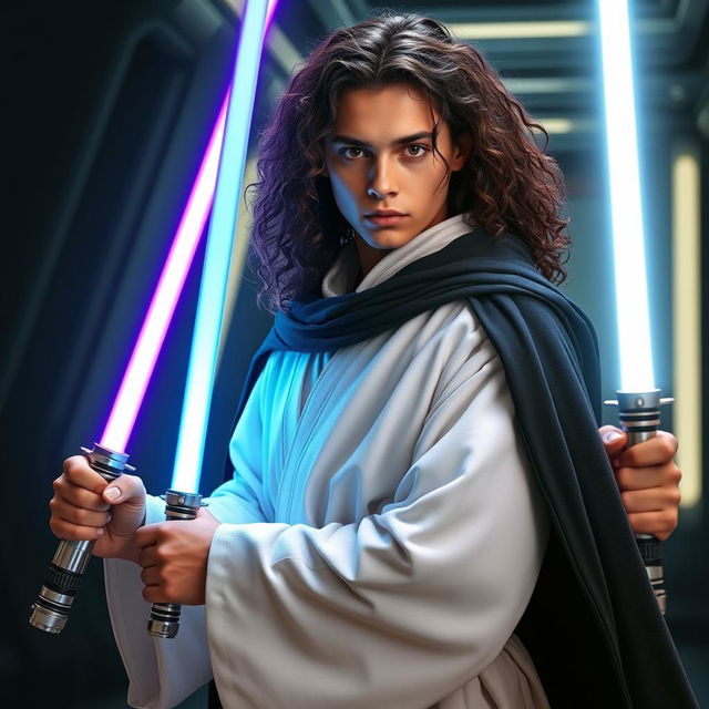 A full-body portrait of a young man clad in traditional white Jedi attire, draped with a flowing black cape