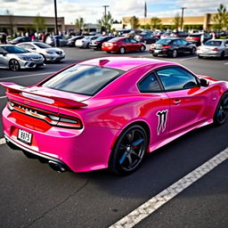 A pink and red Hellcat sports car with a Cancer zodiac sign sticker on it, parked in a realistic parking lot