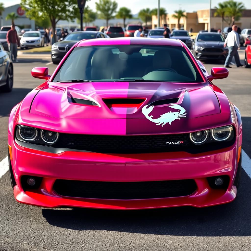 A pink and red Hellcat sports car with a Cancer zodiac sign sticker on it, parked in a realistic parking lot