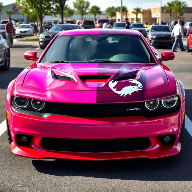 A pink and red Hellcat sports car with a Cancer zodiac sign sticker on it, parked in a realistic parking lot