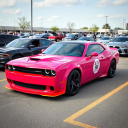 A pink and red Hellcat sports car with a Cancer zodiac sign sticker on it, parked in a realistic parking lot