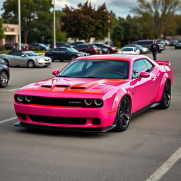 A pink and red Hellcat sports car with a Cancer zodiac sign sticker on it, parked in a realistic parking lot