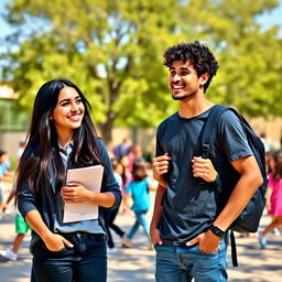 Ana blushing and Carlos smiling during recess, engaged in lively conversation