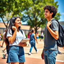 Ana blushing and Carlos smiling during recess, engaged in lively conversation