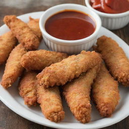 Spicy chicken tenders, lightly breaded and fried to a golden brown, served with a spicy dipping sauce on the side.