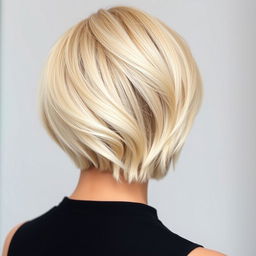 A blonde woman with short hair seen from behind, depicting her elegant posture and captivating hairstyle