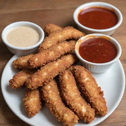 Spicy chicken tenders, lightly breaded and fried to a golden brown, served with a spicy dipping sauce on the side.