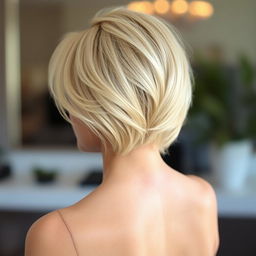 A blonde woman with short hair seen from behind, depicting her elegant posture and captivating hairstyle