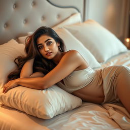 a woman with features similar to Pooja Hegde, gracefully lying in bed with an elegant pose showcasing her legs