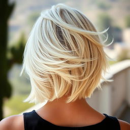 A blonde woman viewed from the back, showcasing her short hair