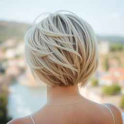 A blonde woman viewed from the back, showcasing her short hair