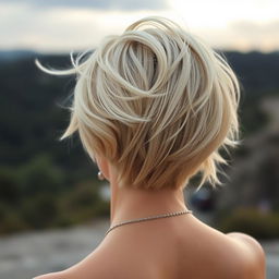 A blonde woman viewed from the back, showcasing her short hair