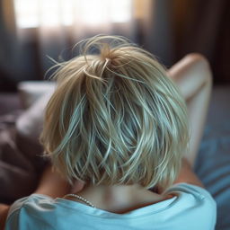 A blonde woman with short hair lying down, viewed from behind