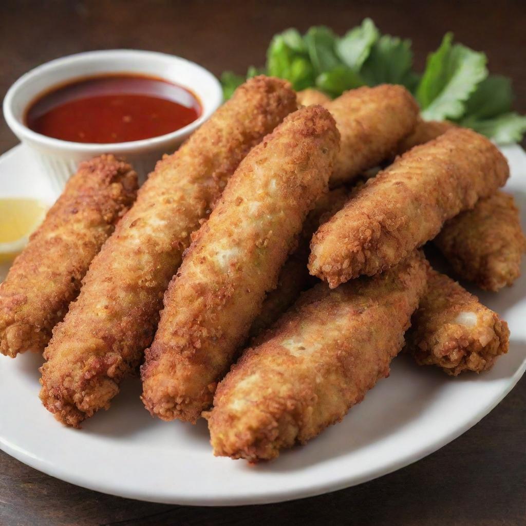 Spicy chicken tenders, lightly breaded and fried to a golden brown, served with a spicy dipping sauce on the side.