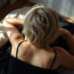 A blonde woman with short hair lying down, viewed from behind, wearing a black dress