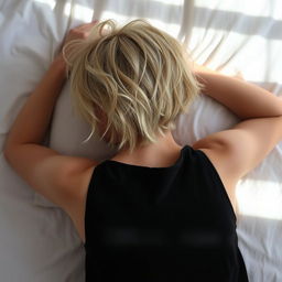 A blonde woman with short hair lying down, viewed from behind, wearing a black dress