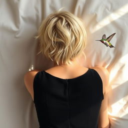 A blonde woman with short hair lying down, viewed from behind, wearing a black dress