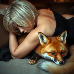 A blonde woman with short hair lying face down, wearing an elegant black dress