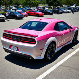 A pink and white Hellcat sports car parked in a realistic parking lot, adorned with a Cancer zodiac sign sticker on its side