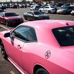 A pink and white Hellcat sports car parked in a realistic parking lot, adorned with a Cancer zodiac sign sticker on its side