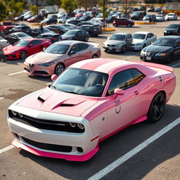 A pink and white Hellcat sports car parked in a realistic parking lot, adorned with a Cancer zodiac sign sticker on its side