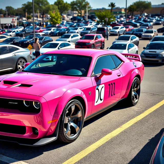 A pink and white Hellcat sports car parked in a realistic parking lot, adorned with a Cancer zodiac sign sticker on its side