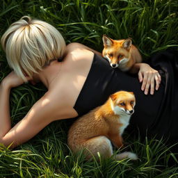 A blonde woman with short hair lying on her back, wearing a sleek black dress