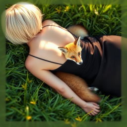 A blonde woman with short hair lying on her back, wearing a sleek black dress