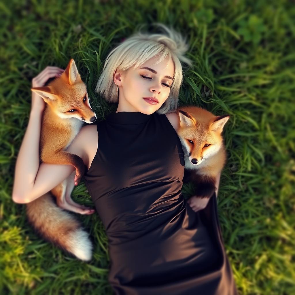 A blonde woman with short hair lying on her back, wearing a sleek black dress