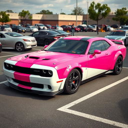 A pink and white Hellcat sports car parked in a realistic parking lot, adorned with a distinctive Cancer zodiac sign sticker on its side