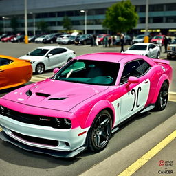 A pink and white Hellcat sports car parked in a realistic parking lot, adorned with a distinctive Cancer zodiac sign sticker on its side