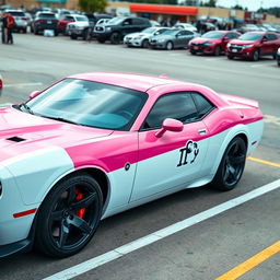 A pink and white Hellcat sports car parked in a realistic parking lot, adorned with a distinctive Cancer zodiac sign sticker on its side