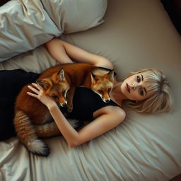 A blonde woman with short hair lying on her back on a bed, wearing a stylish black dress