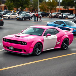 A pink and white Hellcat sports car parked in a realistic parking lot, adorned with a distinctive Cancer zodiac sign sticker on its side