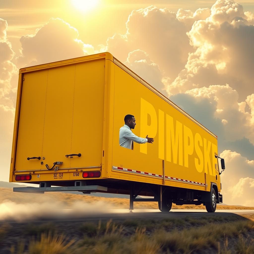 A black man wearing a crisp white shirt, confidently driving a vibrant all-yellow box truck, with the word "PIMPSKE" printed in enormous letters on the side of the trailer