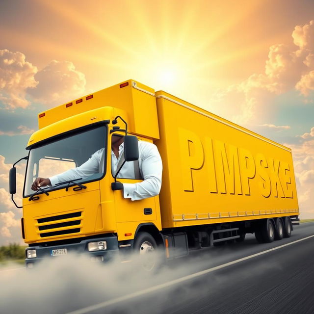 A black man wearing a crisp white shirt, confidently driving a vibrant all-yellow box truck, with the word "PIMPSKE" printed in enormous letters on the side of the trailer